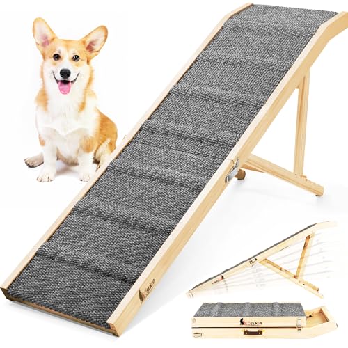 2026 Upgraded Dog Ramp for Bed, 64" Long Foldable Pet Ramp for Small Large Dogs, Dog Ramps for High Beds Car, High Traction with Platform 6 Adjustable Heights 24" to 30" Up to 220LBS, Gray - color: Gray, size: 64"X 17inch