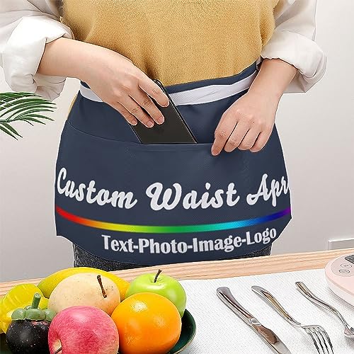 sophiehome Custom Waist Apron with Pockets Add Photo Logo Name Personalized Waiter Server Short Aprons for Kitchen - color: Navy Blue
