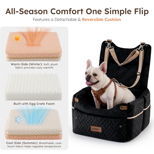 ZOMISIA Elevated Dog Car Seat for Medium Dogs, 3 Adjustable Heights with 2 Egg Crate Foam Boosters 4"+2", Dual-Sided Cooling&Plush Waterproof Cover, 2 Safety Leashes & Buckles, Houndstooth