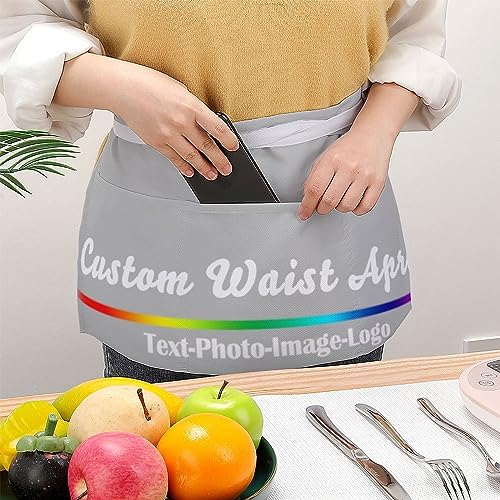sophiehome Custom Waist Apron with Pockets Add Photo Logo Name Personalized Waiter Server Short Aprons for Kitchen - color: Grey