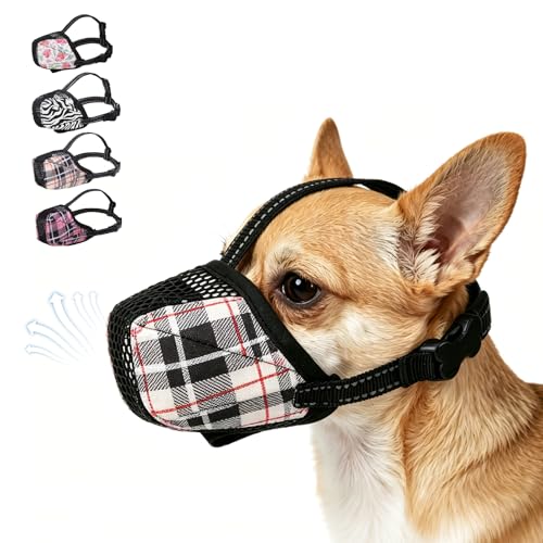 KOOLTAIL Dog Muzzle, Soft Muzzle for Small Medium Large Sized Dogs to Anti & Prevent Barking Grooming Biting, Reflective Adjustable Air Mesh Basket Muzzles, Allows Panting and Drinking, Beige Plaid XS - color: Beige Plaid, size: X-Small