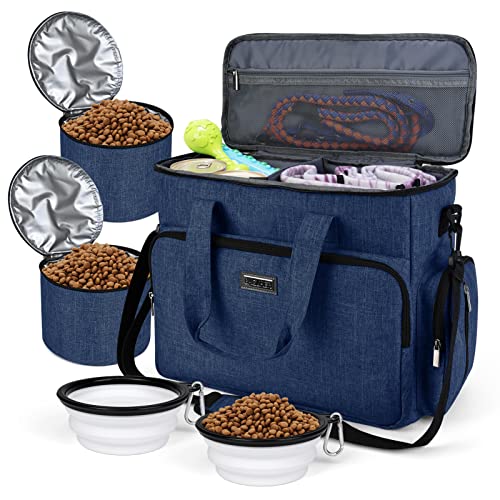 BAGLHER Dog Travel Bag, Pet Travel Bag (ALL Pet Travel Supplies), With 2 Pet Food Containers and 2 Collapsible Silicone Bowls; Essential Kits for Pet Travel Dark Blue - color: Dark Blue, size: Large