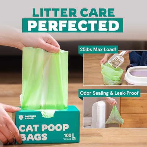 Panther Armor Cat Litter Bags, 100 Large Compostable Unscented Poop Bags -16x12in Super Large Kitty - Leak Proof Box Trash - Odor Proof Cat Disposal - size: 1 Count (Pack of 100), style: Large