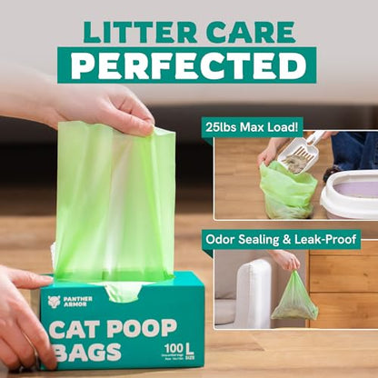 Panther Armor Cat Litter Bags, 100 Large Compostable Unscented Poop Bags -16x12in Super Large Kitty - Leak Proof Box Trash - Odor Proof Cat Disposal - size: 1 Count (Pack of 100), style: Large
