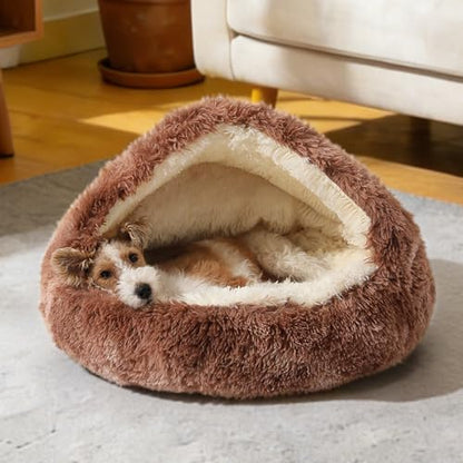 NOYAL Round Hooded Donut Dog Bed for Small & Medium Pets - Plush Fluffy Anti-Anxiety Cat Cave Bed with Cover - color: Bandhnu Coffee, size: Medium 23.6''