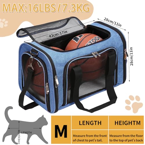 Soft-Sided Cat/Dog/Pet Carrier, Collapsible Pets Travel Carriers for Big Cats/Small Dogs with Shoulder Strap & Removable Mat, Mesh Puppy Carry Bag, Up to 16 Lbs, TSA Airline Approved(Blue) - color: BLUE, size: 17"L x 11"W x 11"H