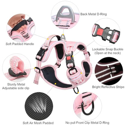 Timos Dog Harness Small Sized, No Pull Pet Harness with Neck Lockable Snap,No Choke Front Clip Dog Reflective Vest,Adjustable Metal Rings 3 Buckles,Easy Control Handle for Small Dogs Lock Pink S - color: Lock Pink, size: Small (Pack of 1)