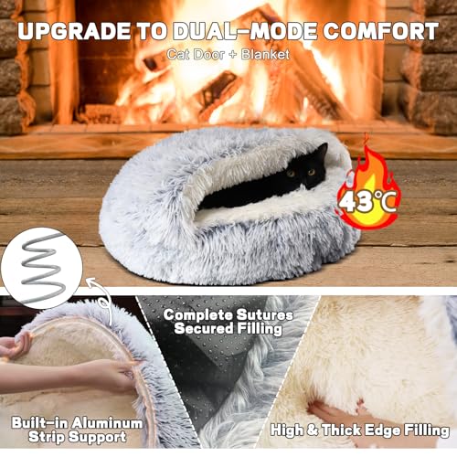 YUDANSI Calming Cat Beds for Indoor Cats - Plush Fluffy Hooded Cave Nest, Anti-Slip Self-Warming Pet Beds, Washable Built-in No-Collapsing Support (Grey-50cm/20in) - color: Non-removable-50cm