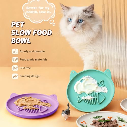 Slow Feeder Cat Bowl, 2 PCS Silicone Bowl, Cat Slow Feeder, Ideal for Dry and Wet Food, Easy to Clean, Interactive Puzzle Toy for Pets Food Training, Keeps Cats Busy, 6.69" W*0.65" H - color: 2Pack-Cyan&Purple