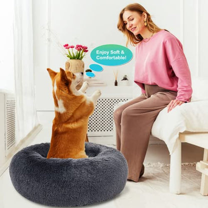 SAVFOX 30 inches Calming Donut Dog Bed - 3X Durable Plush Faux Fur, Machine Washable & Non-Slip, Fits up to 45 lbs, Dark Grey - color: Dark Grey, size: Medium | 30"x30"