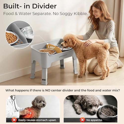 URPOWER Mess Proof Elevated Dog Bowls 4 Height Adjustable Raised Bowl Stand with 2 Stainless Steel Dog Bowls Non-Slip Food and Water Bowl Set for Small Dogs, Light Grey - color: Light Grey, size: Small