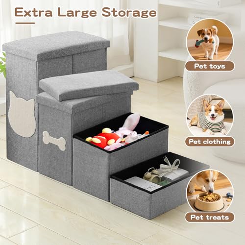 4-Step Wider Dog Steps for Bed 22" H, Foldable Dog Stairs with Storage, Non-Slip Pet Steps for Small Medium Large Dogs, Arthritis-Friendly Pet Stairs for Couch and Car Up to 200 lbs, Grey - size: 4-Step