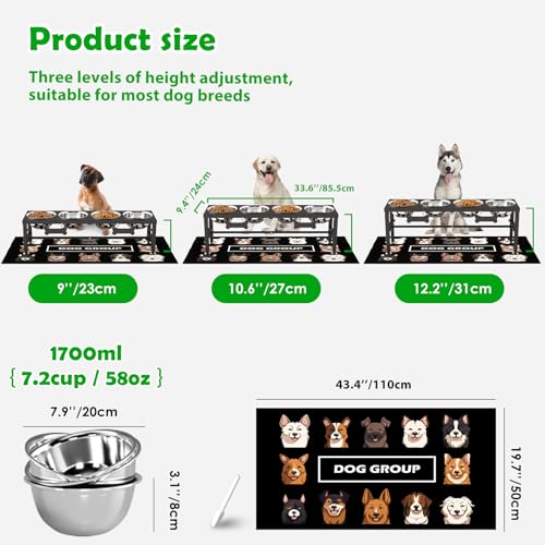 SHAINFUN Adjustable Height Dog Bowl Stand with 4 Bowls for Multi-Dog Homes– Elevated Dog Bowls for Large Breeds with Anti-Slip Mat, Raised Feeding Station with Stainless Steel Bowls - color: Black-1.7L-Four