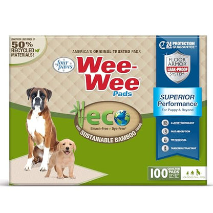 Four Paws Wee-Wee Superior Performance Bamboo Pee Pads for Dogs, Earth Friendly Dog & Puppy Potty Training Pads, Crate Liners, Housebreaking Supplies, 22" x 23" (100 Count) - size: 100 Count