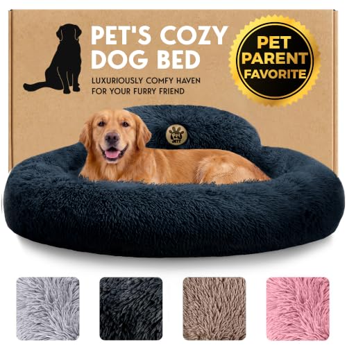 PetJett Dog Beds Large Sized Dog - 36'' Calming Round Bed, Washable Dog Bed - Anti-Slip Super Soft Donut Bed, Fluffy Faux Fur Anti-Anxiety Premium Comfort Pet Bed, Fits Dogs up to 80 lbs - Dark Grey - color: Dark Gray, size: Large - 36”L x 36”W x 8”Th