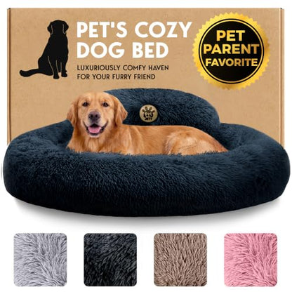 PetJett Dog Beds Large Sized Dog - 36'' Calming Round Bed, Washable Dog Bed - Anti-Slip Super Soft Donut Bed, Fluffy Faux Fur Anti-Anxiety Premium Comfort Pet Bed, Fits Dogs up to 80 lbs - Dark Grey - color: Dark Gray, size: Large - 36”L x 36”W x 8”Th