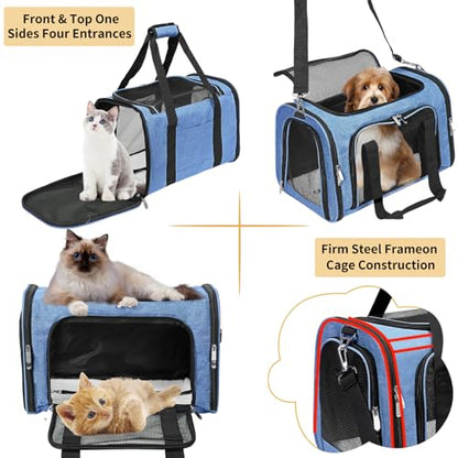 Soft-Sided Cat/Dog/Pet Carrier, Collapsible Pets Travel Carriers for Big Cats/Small Dogs with Shoulder Strap & Removable Mat, Mesh Puppy Carry Bag, Up to 16 Lbs, TSA Airline Approved(Blue) - color: BLUE, size: 17"L x 11"W x 11"H