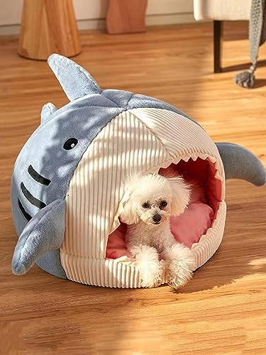 QWINEE Cat Mat Shark-Shaped Kennel Kitten Bed Hideout House Warm Soft Comfortable Semi-Closed Cat Dog Nest Blue L - color: Blue, size: Large
