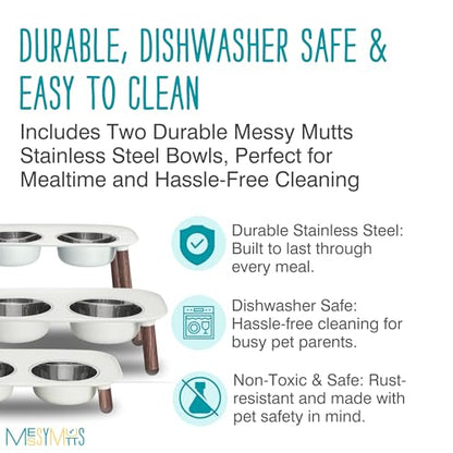 Messy Mutts Elevated Double Feeder with Stainless Bowls | Adjustable Height 3”, 5”, or 10” | Adjustable Standing Feeder for Dogs | 5 Cups per Bowl | Light Grey with Faux Wood Legs - color: Light Grey, Faux Wood Legs