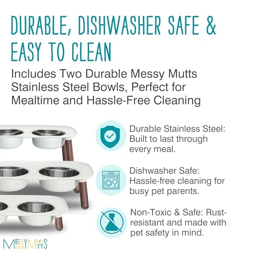Messy Mutts Elevated Double Feeder with Stainless Bowls | Adjustable Height 3”, 5”, or 10” | Adjustable Standing Feeder for Dogs | 5 Cups per Bowl | Light Grey with Faux Wood Legs - color: Light Grey, Faux Wood Legs