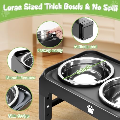 Elevated Bowls with Adjustable Heights - Raised Stand with 2 Stainless Steel Food Bowls, Non-Slip Foldable Feeder for Medium Large Dogs, Adjusts to 12.36", 10.75", 9.2", 3.7", Black - color: Black, size: Medium dogs