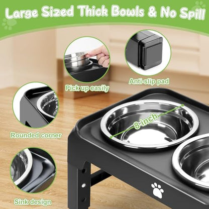 Elevated Bowls with Adjustable Heights - Raised Stand with 2 Stainless Steel Food Bowls, Non-Slip Foldable Feeder for Medium Large Dogs, Adjusts to 12.36", 10.75", 9.2", 3.7", Black - color: Black, size: Medium dogs