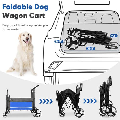 Petbobi Dog Wagon Stroller for Large & Medium Dogs, 2-in-1 Push Pull Pet Cart with Ramp, Foldable Wagon, 360° Swivel Wheels, Adjustable Handles, Safety Leashes, Blue - color: Blue