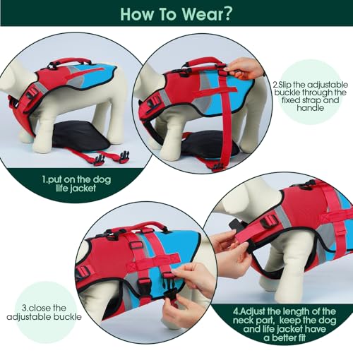 Kuoser Dog Life Jacket with Reflective Strips, High Visibility Dogs Swim Vest with Rescue Handle, Adjustable Dog Life Vest for Swimming, Boating, Pool & Beach, Doggy Lifejacket Small Medium Large Dogs - color: Red & Navy, size: Small (Chest Girth:16.9-21.