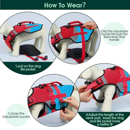 Kuoser Dog Life Jacket with Reflective Strips, High Visibility Dogs Swim Vest with Rescue Handle, Adjustable Dog Life Vest for Swimming, Boating, Pool & Beach, Doggy Lifejacket Small Medium Large Dogs - color: Red & Navy, size: Small (Chest Girth:16.9-21.