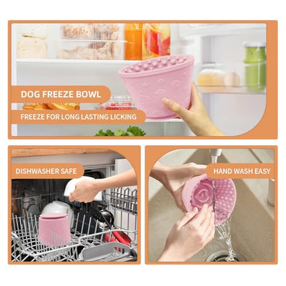 Dog Lick Bowl,Anxiety Relief Non-Slip Silicone Treat Bowl,Durable Anti-Choking Long-Lasting Enrichment Slow Feeder Licking Mat for Small Medium Large Breed,Freezable BPA Free Silicone Dishwasher Safe - color: Pink, size: M-L