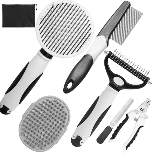 Dog Brush for Shedding, 7 PCS Dog Grooming Brush Kit, Undercoat Rake, Slicker Brush, Deshedding Comb, Bath Brush, Nail Clipper for Long & Short Haired Dogs & Cats, Black - color: A-Black