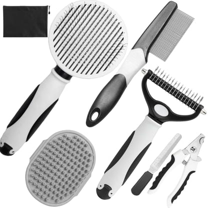 Dog Brush for Shedding, 7 PCS Dog Grooming Brush Kit, Undercoat Rake, Slicker Brush, Deshedding Comb, Bath Brush, Nail Clipper for Long & Short Haired Dogs & Cats, Black - color: A-Black