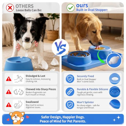 2-in-1 Dog Slow Feeder and Lick Ball Bowl, Interactive Puzzle Anti-Choking Pet Slow Eating Bowl with Treat Licking Rolling Ball, Spill-Proof Silicone Mat Feed Station for Dogs and Cats- Sky Blue