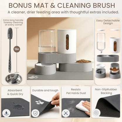 Gravity Cat Feeder 2 Pack Automatic Food Feeder and Water Dispenser Set Detachable Pet Bowl with Silicone Mat and Brush for Cats Small Medium Dogs, Large Capacity(Grey) - color: Grey-With mat/brush