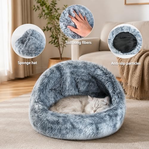 Cat Cave Bed for Indoor Cats, Covered Cat Bed House, Semi-Enclosed Pet Bed with Non-Slip Bottom, Cozy Calming Cat Hideaway, Machine Washable Cat Bed for Kittens and Small Dogs, 16 Inch (16") - size: 16"