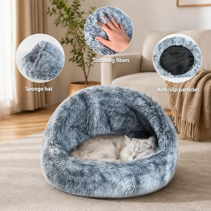 Cat Cave Bed for Indoor Cats, Covered Cat Bed House, Semi-Enclosed Pet Bed with Non-Slip Bottom, Cozy Calming Cat Hideaway, Machine Washable Cat Bed for Kittens and Small Dogs, 16 Inch (16") - size: 16"