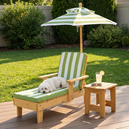 Dog Lounge Chair with Umbrella, Outdoor Elevated Dog Bed with Canopy and Removable Cushion, Pet Lounger with Side Table, Outdoor Dog Furniture for Backyard, Patio, Pool and Beach (Green)