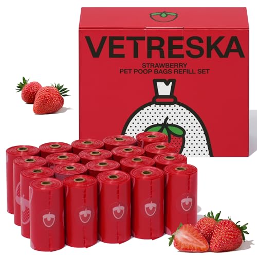 VETRESKA Strawberry Scented Dog Poop Bags, Leak Proof, Extra Thick and Large Pet Waste Bags for Dogs Walking and Cat Litter, 20 Refill Rolls, 300 Bags, Red - size: 1 Count (Pack of 300), style: Strawberry