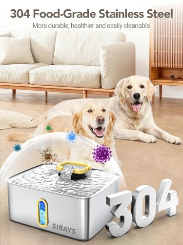 SIBAYS 4Gal/15L Stainless Steel Large Dog Water Fountain, Ultra Quiet Automatic Pet Water Fountain, Dog Water Bowl Dispenser with Water Level Window and LED Light, Easy to Clean(FS78, Silver-Yellow) - color: Silver-Yellow