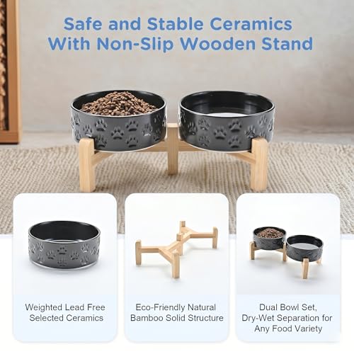 SPUNKYJUNKY Elevated Dog Bowls Ceramic, 5.1'' Dogs and Cat Food Water Bowls Raised with Non-Slip Bamboo Stand for Puppy Small Sized Breed Microwave Dishwasher Safe - 13.5 OZ,Paw Black - color: Paw Black, size: 5.1 in - 1.7 cups