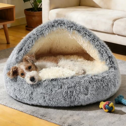 NOYAL Round Hooded Donut Dog Bed for Small & Medium Pets - Plush Fluffy Anti-Anxiety Cat Cave Bed with Cover - color: Gradient Dark grey, size: Small 19.6''