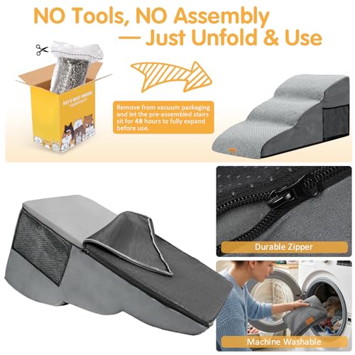 Topmart High Density Extended Foam Dog Ramp&Steps 3 Tiers,15.7" High | Non-Slip Dog Stairs with Removable Cover,Soft Foam Pet Ladder,Best for Injured,Older Cats,Pets with Joint Pain - color: Grey, size: 33.1*15.7*15.7