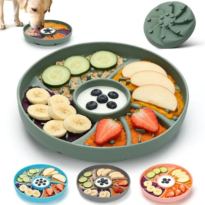 Slow Feeder Dog Bowl Silicone Suction Cup Anti Spill Dogs Cats Green | strong suction base prevents sliding, extends mealtime, reduces anxiety, textured surface, dishwasher safe - color: Green
