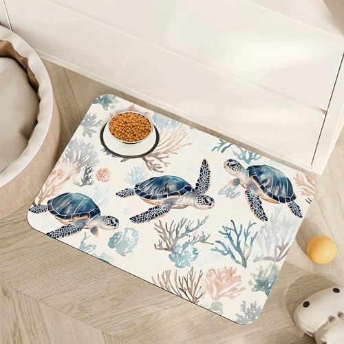 Turtle Dog Cat Food Mat,Coral Absorbent Pet Feeding Mat for Food and Water,Non-Slip Dog Bowl Mats Floor Protector 12"x20" - color: Turtle Coral, size: 20"L x 12"W