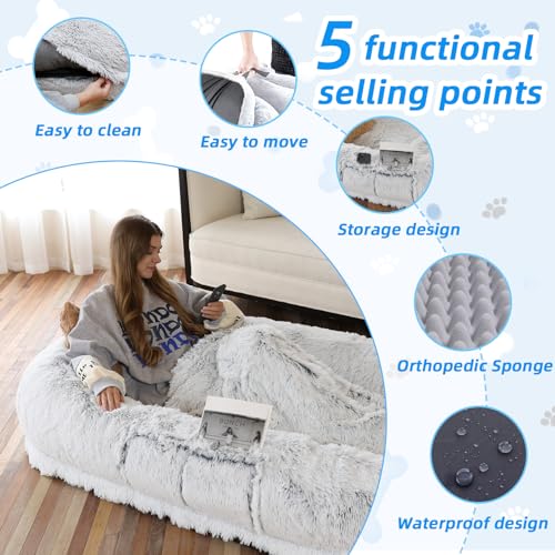 WROS Human Dog Bed - 71"x45"x12" Fits You & Pets, Washable Faux Fur, Orthopedic, Plump Pillow, Blanket, Strap - Grey - color: Grey