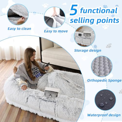WROS Human Dog Bed - 71"x45"x12" Fits You & Pets, Washable Faux Fur, Orthopedic, Plump Pillow, Blanket, Strap - Grey - color: Grey
