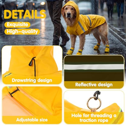 3 Pcs Dog Raincoat Shoes and Leash Set with Reflective Strip Yellow Adjustable Waterproof Rain Jacket Coat Poncho Hoodies for Small Medium Dogs Pets Walking