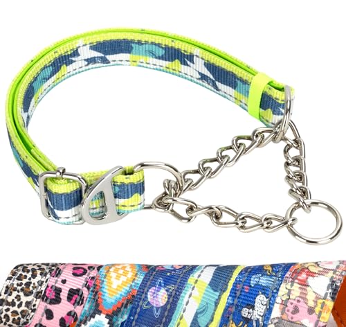 Reflective Martingale Dog Collar - No-Pull Adjustable Training Collar with Soft Nylon & Chain, Shark Pattern for Medium, Large & XL Dogs (Shark M) - color: 10, size: M(Neck12"-17")