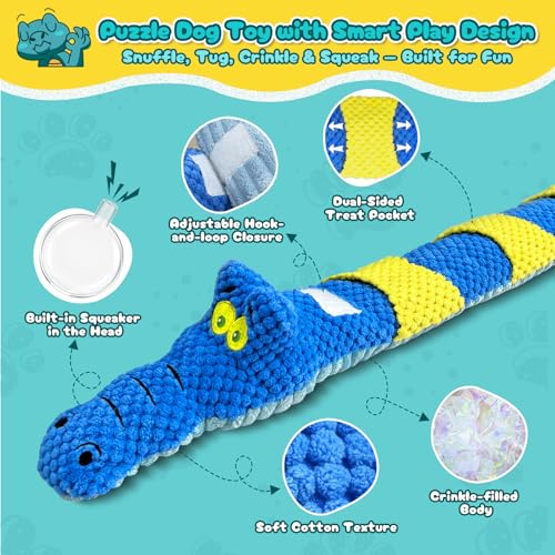 TOOPTATE Interactive Squeaky & Crinkle Dog Puzzle Toys - Plush Dog Enrichment Toys to Keep Them Busy, Cognitive Dog Toys for Small, Medium and Large Dogs - color: Crinkle Crocodile (Blue), size: Medium