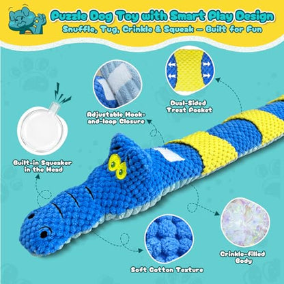 TOOPTATE Interactive Squeaky & Crinkle Dog Puzzle Toys - Plush Dog Enrichment Toys to Keep Them Busy, Cognitive Dog Toys for Small, Medium and Large Dogs - color: Crinkle Crocodile (Blue), size: Medium